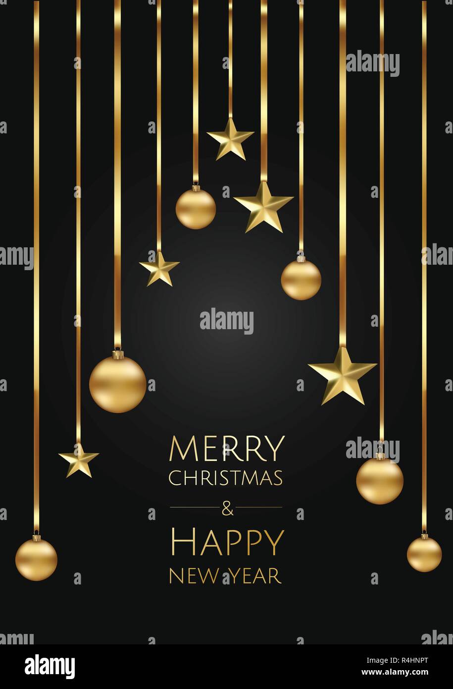 Banner mit Vektor christmas tree branches, gold Sterne, Weihnachten Kugeln und Platz für Text. Toll für Weihnachtskarten, Banner, Flyer, Poster, Stock Vektor