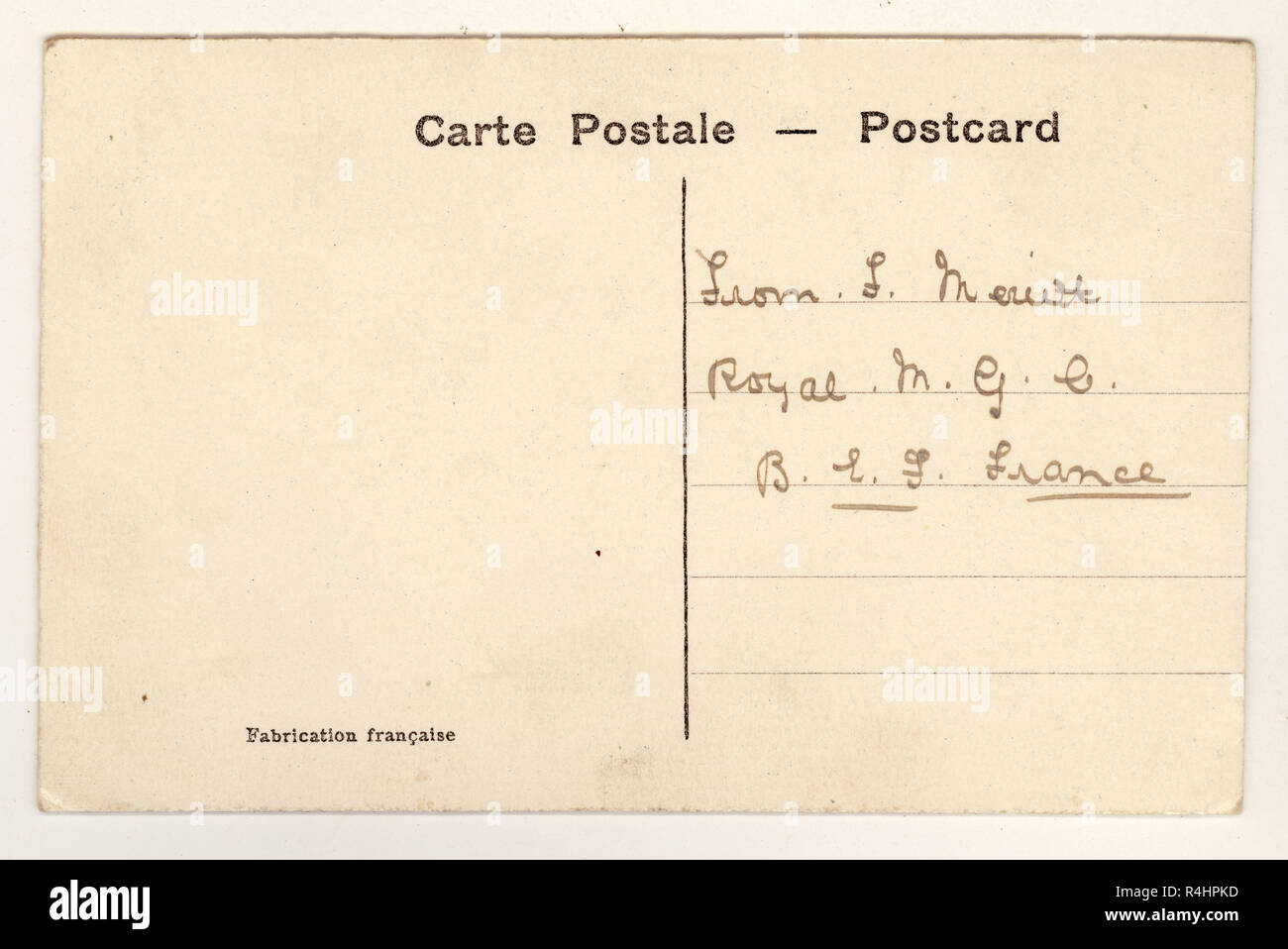 Reverse WW1-Ära französische Postkarte, nicht postalisch verwendet, Frankreich. Stockfoto