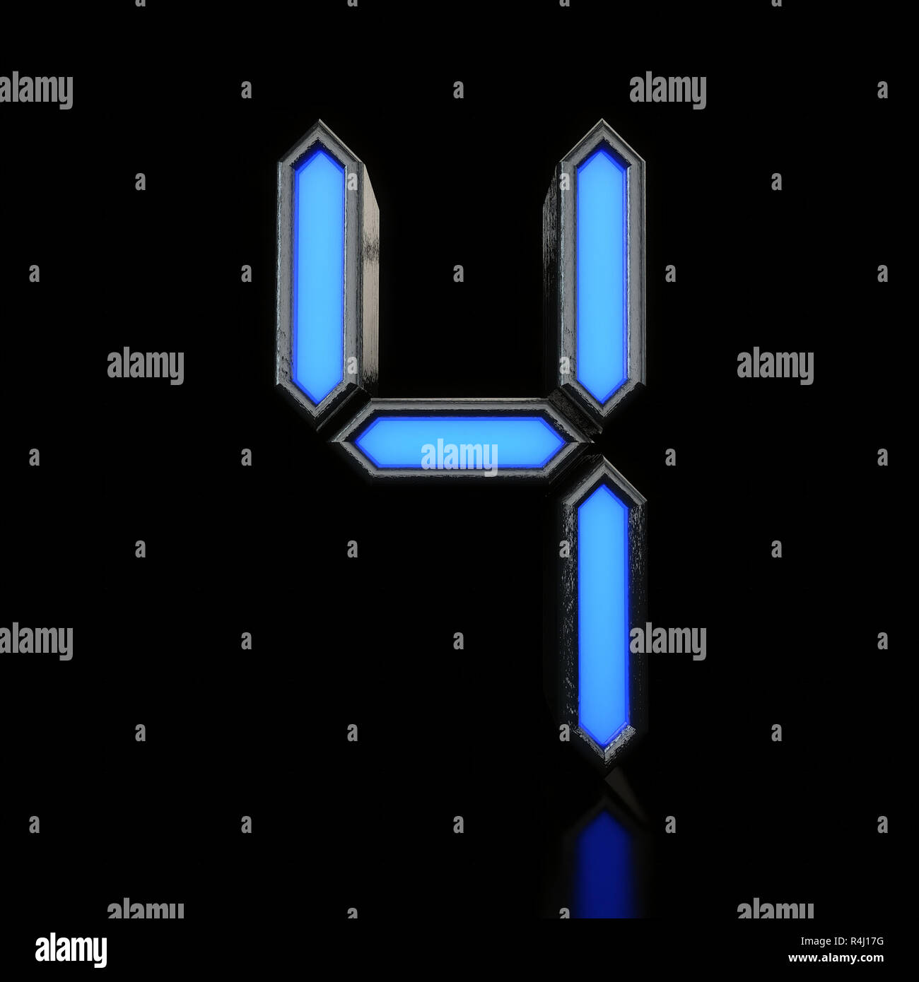 Nummer 4 futuristische blaue Neon led digital Font. 3D-Rendering Stockfoto