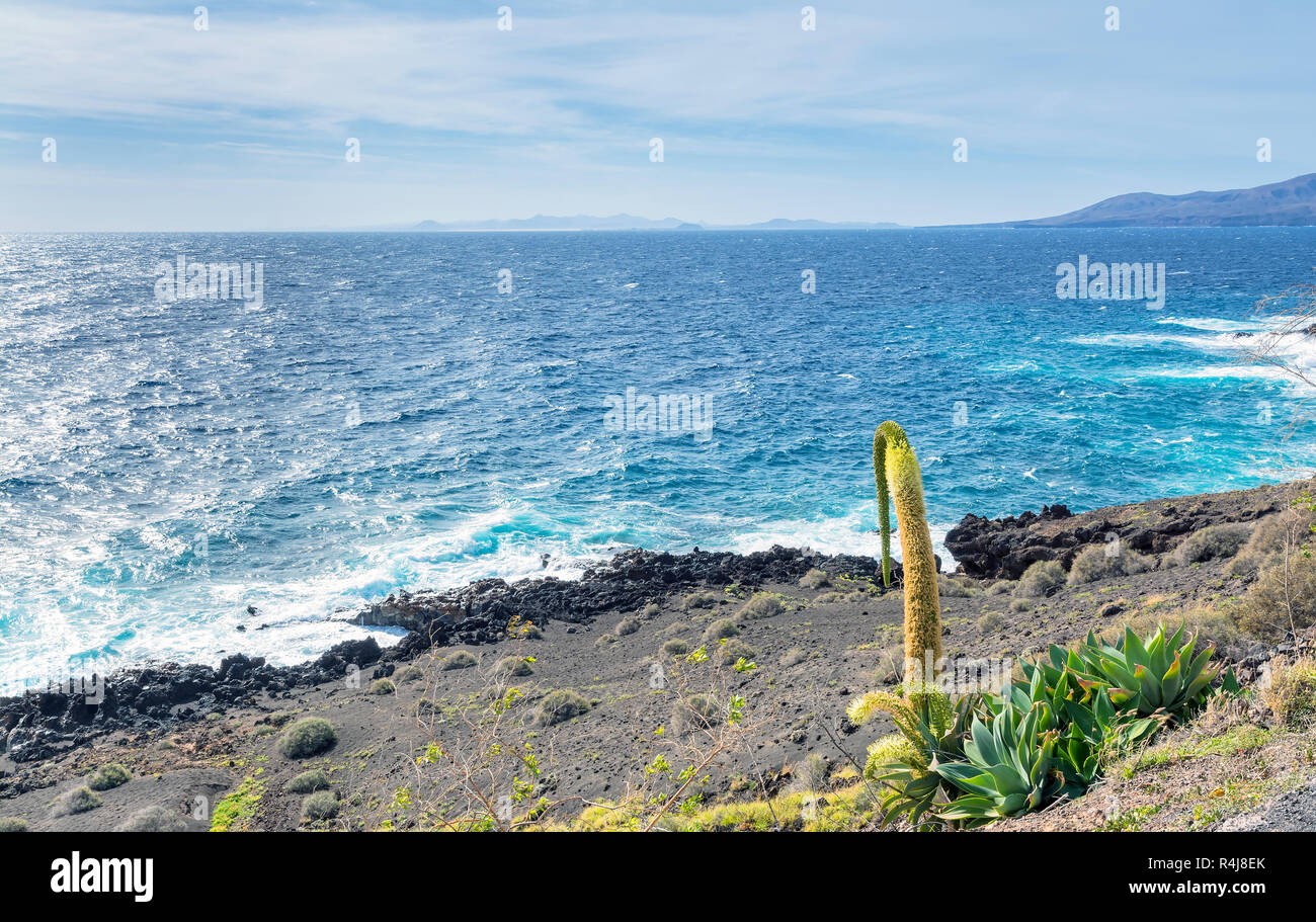 Tag Aussicht auf die Küste und den Atlantik in Puerto del Carmen, Lanzarote, Spanien Stockfoto