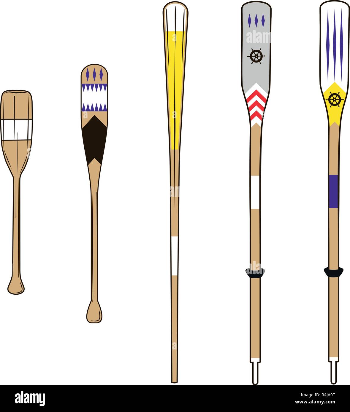 Verschiedene Arten von Holz- Ruder mit verschiedenen Farben Stock Vektor