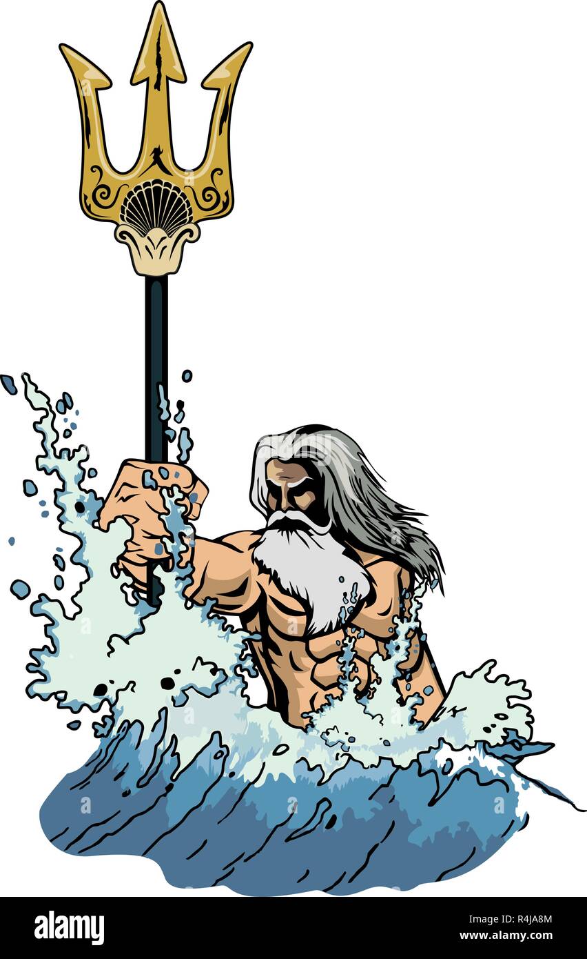 Abbildung: Meer Gott Neptun oder Poseidon, kommt aus dem Meer, und in der Hand einen Dreizack. Stock Vektor