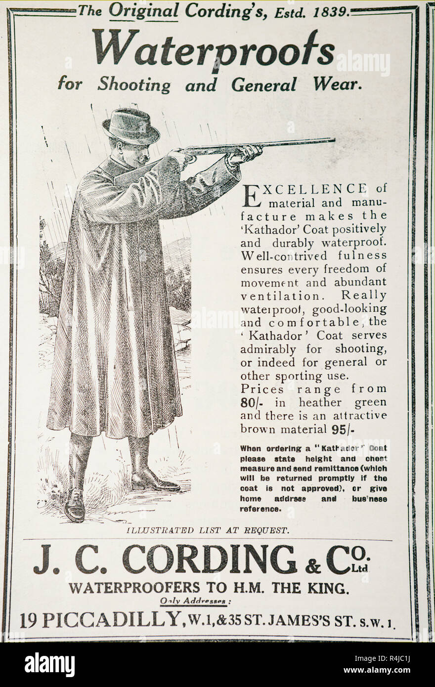 Eine alte Anzeige für J.C. Aufzeichnung & Co für wasserdichte Kleidung. Aus einem alten britischen Zeitschrift aus dem Zeitraum 1914-1919. Stockfoto