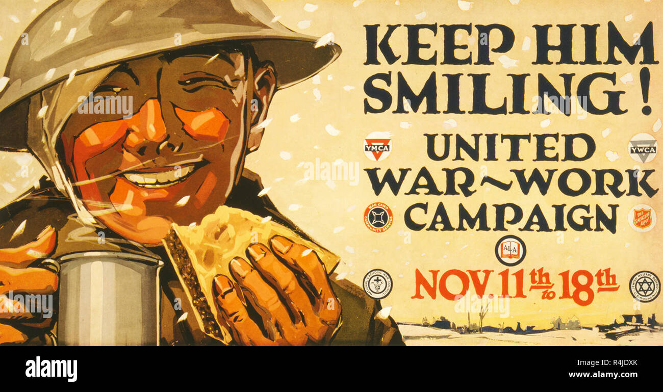 Amerikanische Ersten Weltkrieg Propaganda Poster' ihn Keep Smiling 'United Krieg Kampagne, USA Stockfoto
