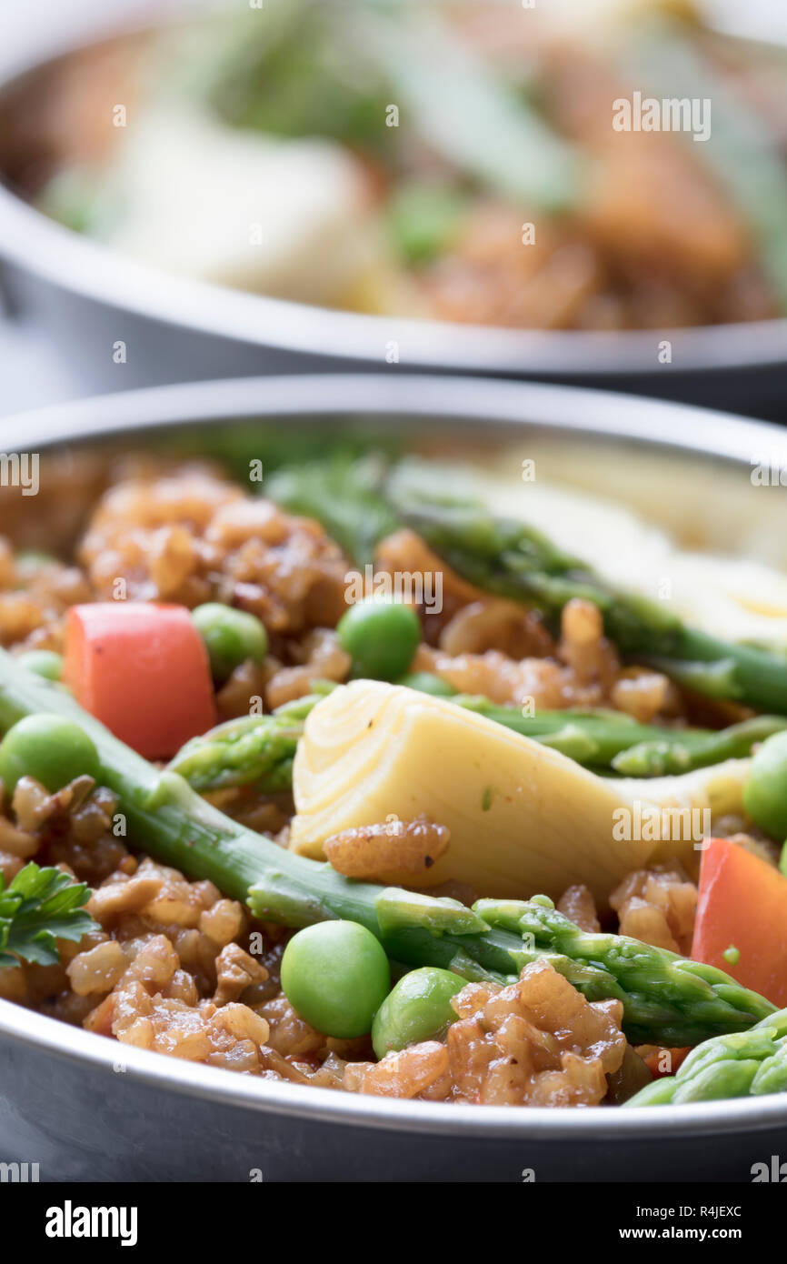 Vegane Paella Nahaufnahme Stockfoto