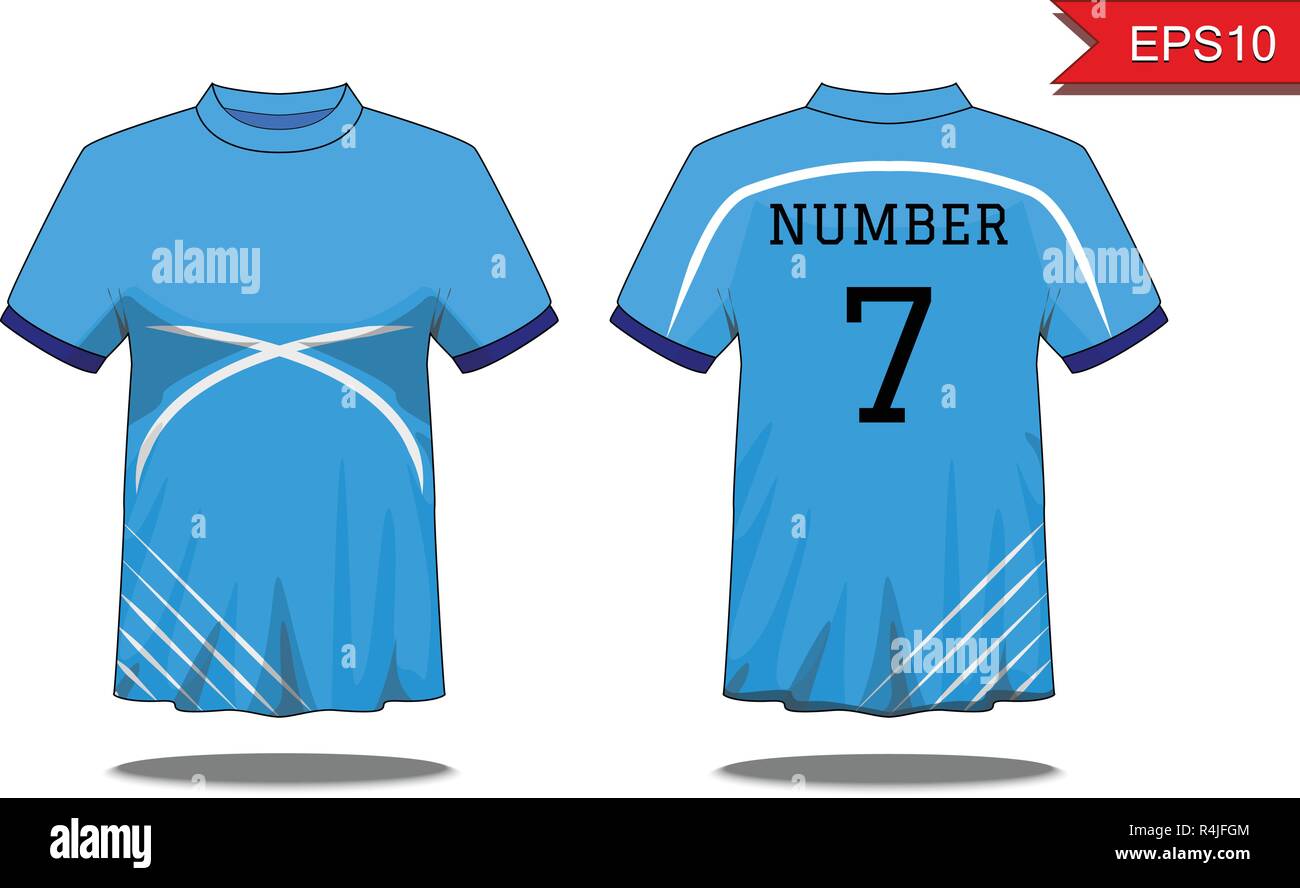 Sport Herren-T-Shirt mit kurzen Ärmel in Vorder- und Rückansicht. Blau mit weissen Streifen und bearbeitbaren Farbgestaltung. Mock up des Sports Wear Konzept. Sport Stock Vektor