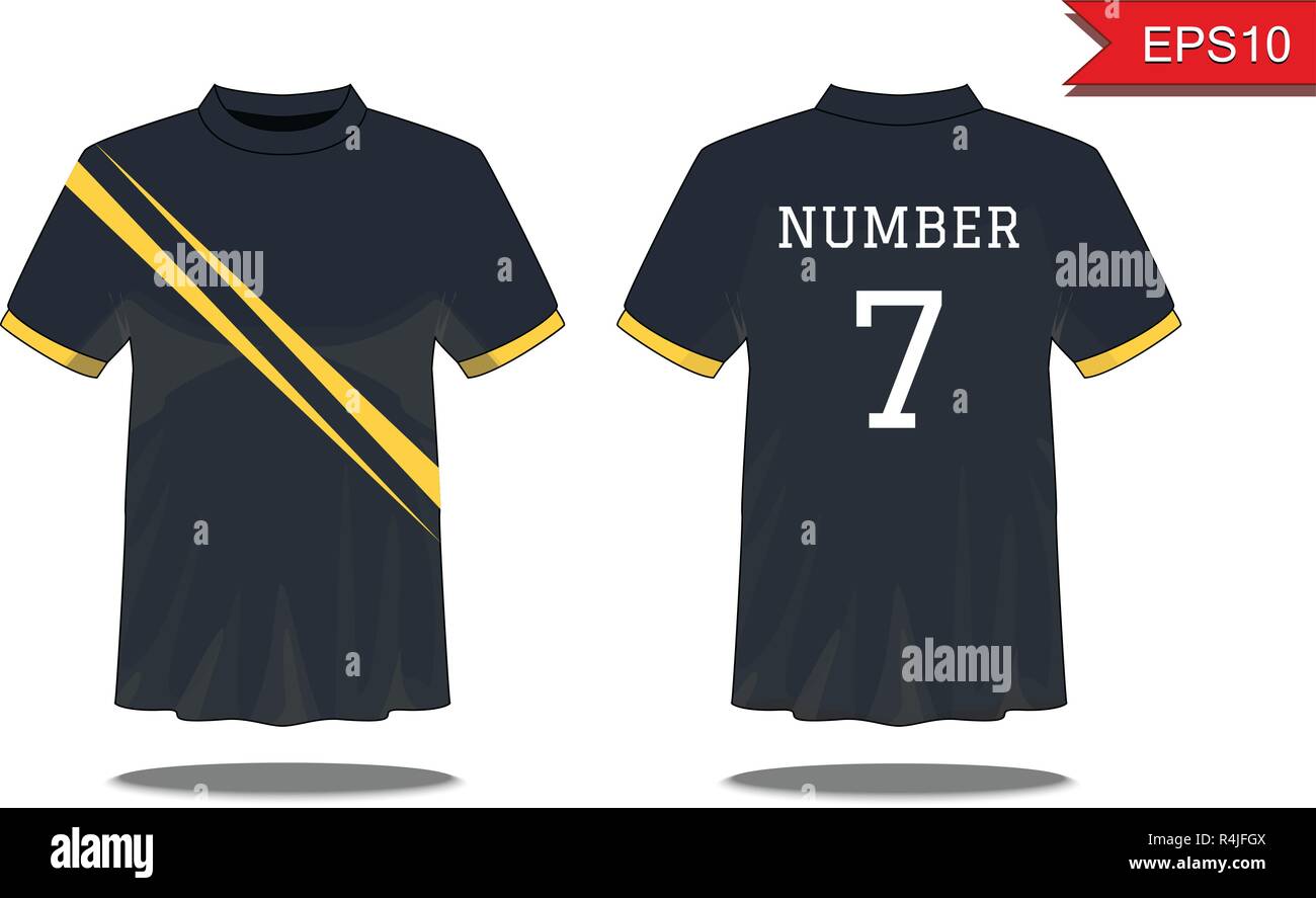 Sport Herren-T-Shirt mit kurzen Ärmel in Vorder- und Rückansicht. Schwarz mit gelben Streifen und bearbeitbaren Farbgestaltung. Mock up des Sports Wear Konzept. Spo Stock Vektor