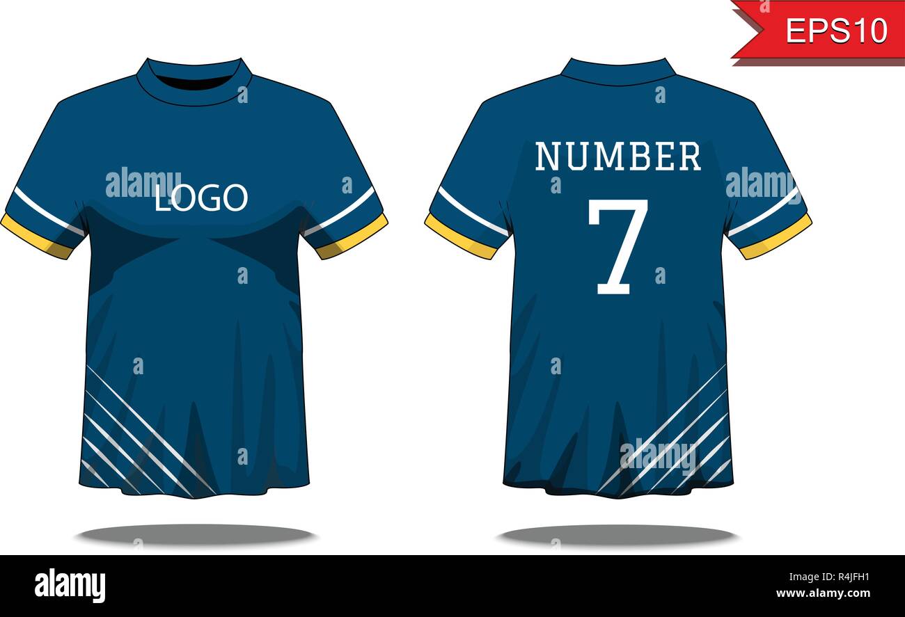 Sport Herren-T-Shirt mit kurzen Ärmel in Vorder- und Rückansicht. Blau mit Gelb weißen Streifen und bearbeitbaren Farbgestaltung. Mock up des Sports Wear Konzept. Stock Vektor