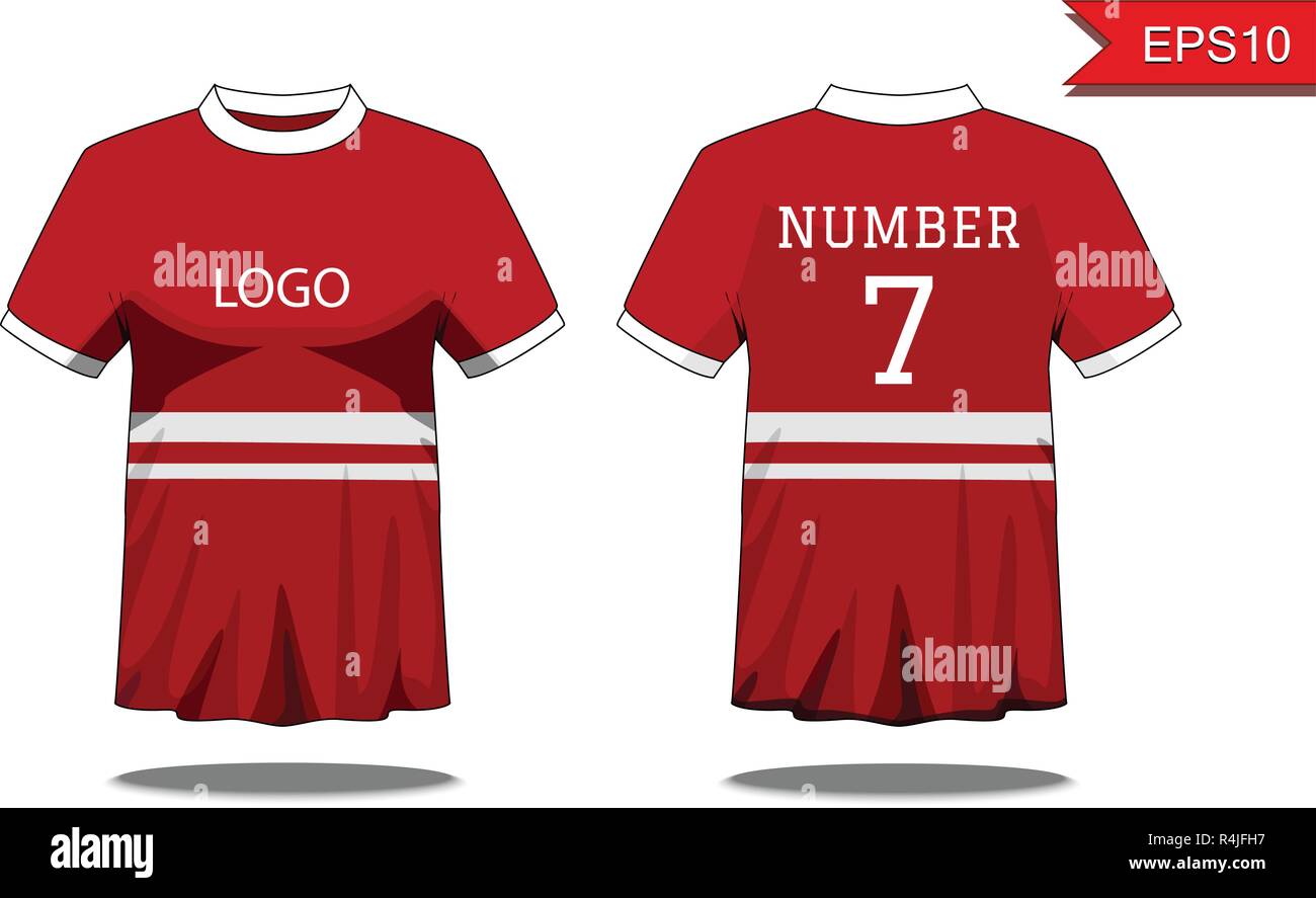 Sport Herren-T-Shirt mit kurzen Ärmel in Vorder- und Rückansicht. Rot mit weißen Streifen und bearbeitbaren Farbgestaltung. Mock up des Sports Wear Konzept. Sport ein Stock Vektor