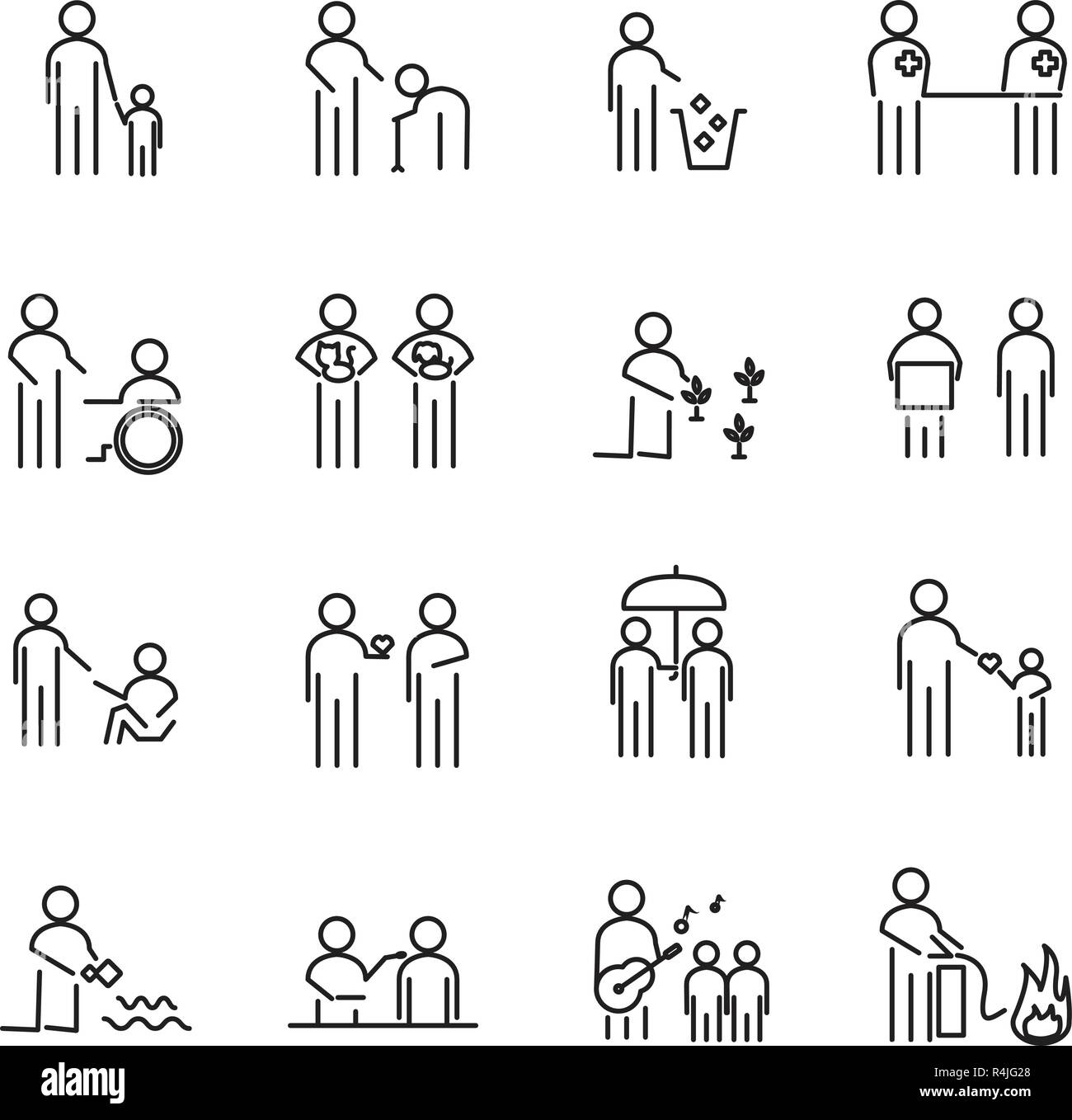 Die soziale Verantwortung der Menschen dünne Linie Symbol Vektor einrichten. CSR-Charity Projekt für das Helfen in der Welt Personen Konzept. Zeichen und Symbol Thema. Pfingstmontag Stock Vektor