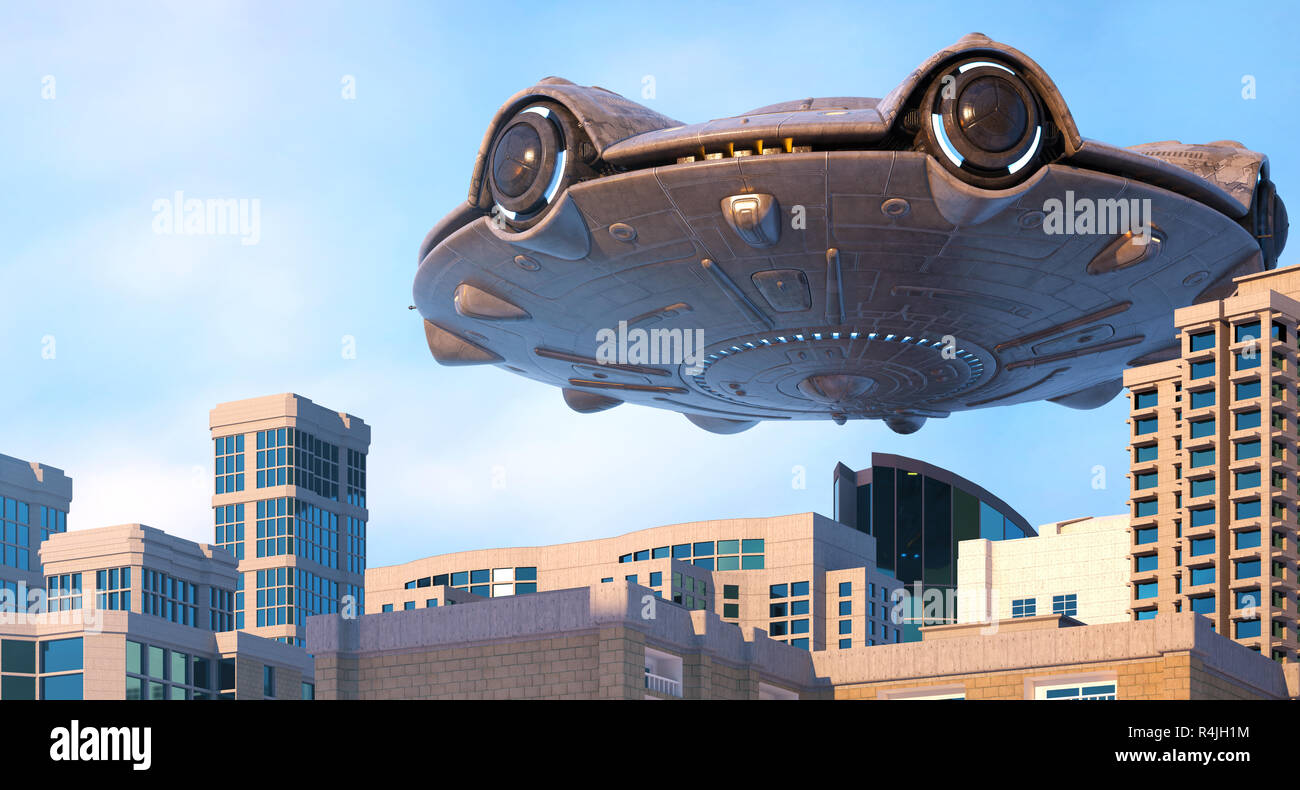 UFO Fliegen über der Stadt. 3D-Darstellung Stockfoto