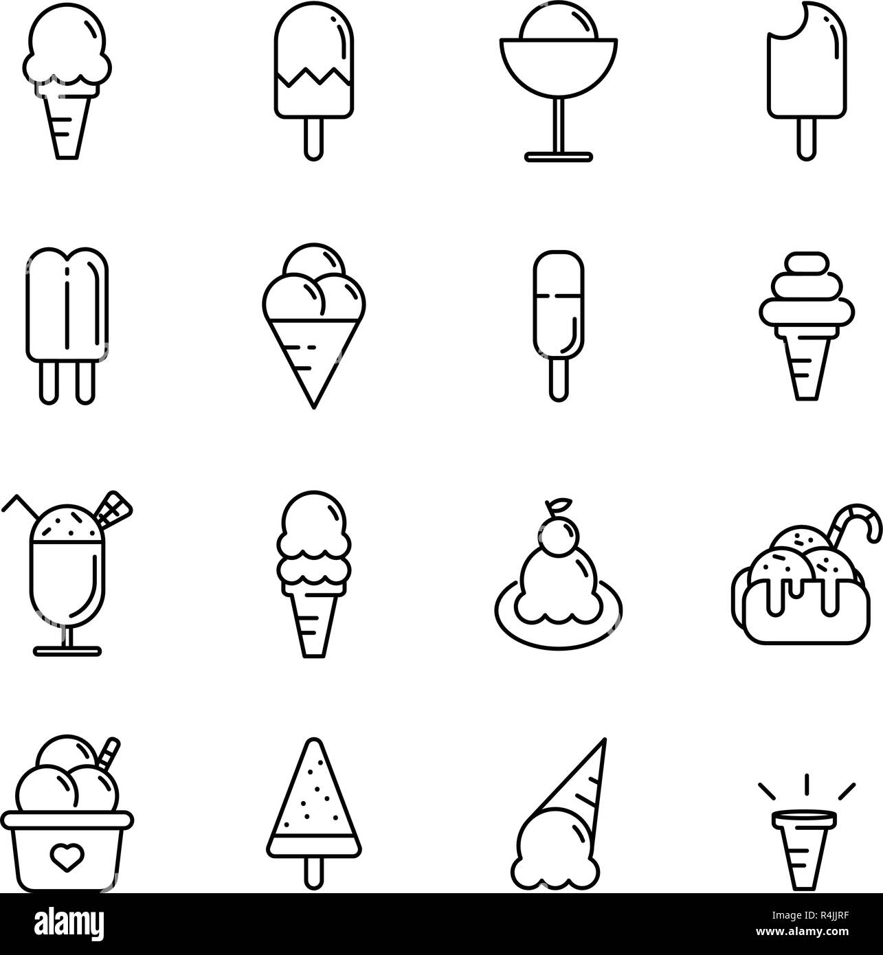 Eis Icon Set. Essen und Nachtisch Konzept. Dünne Linie Symbol Thema. Umrisse Schlaganfall Symbol Symbole. Weiß isoliert Hintergrund. Abbildung: Vektor. Stock Vektor