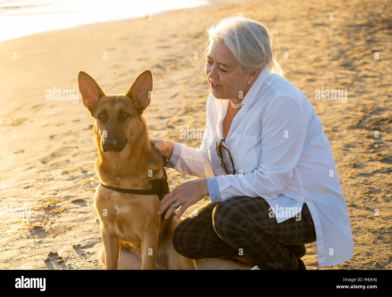 Porträt der schönen Witwe ältere Frau und Deutscher Schäferhund Hund genießen ihre Begleiter und Liebe am Strand in Vorteile von Tieren aktiven Ruhestand lifes Stockfoto