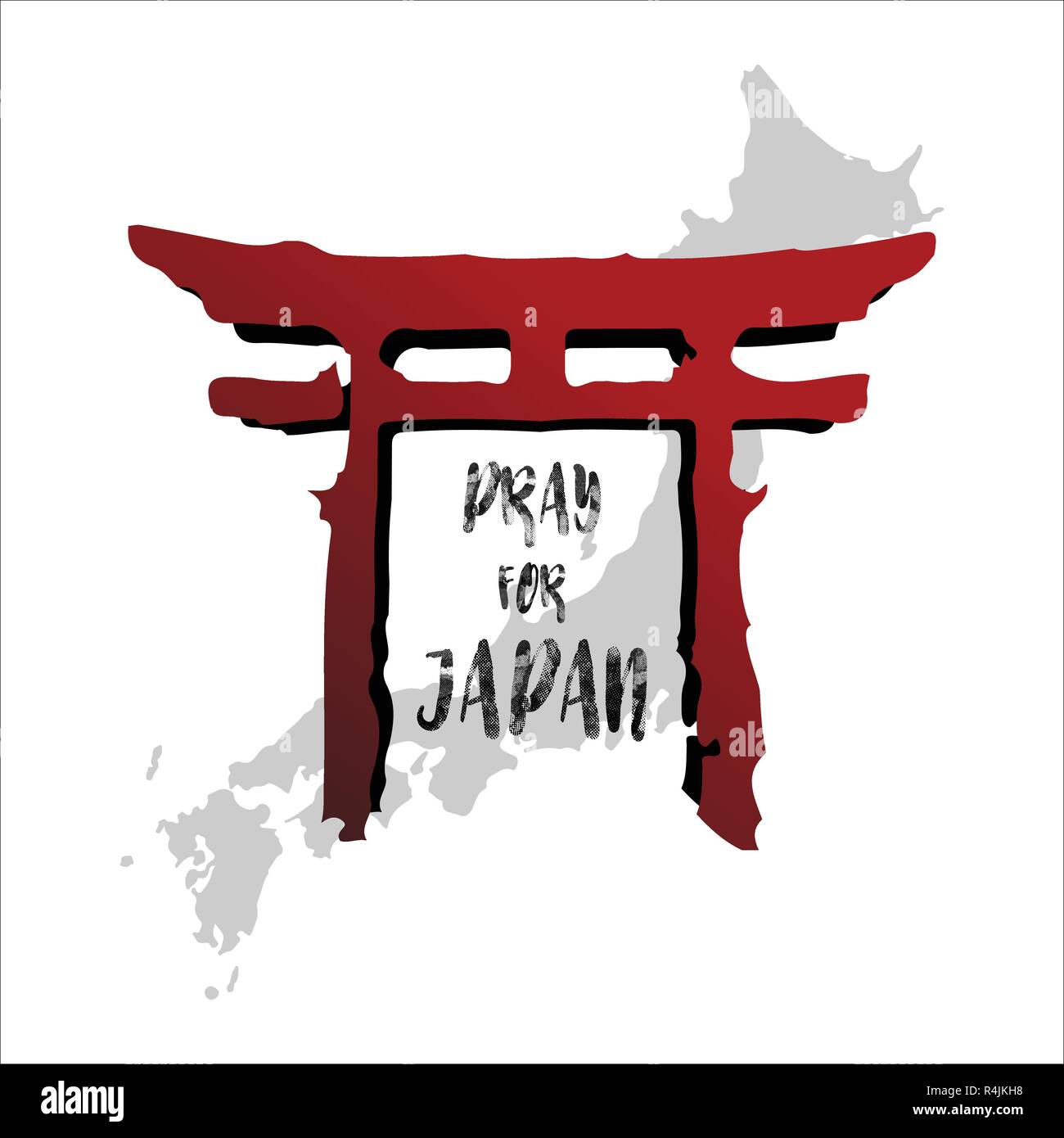 Beten Sie für Japan. Zusammenfassung Hintergrund Konzept. Red temple Spalte isoliert weißer Hintergrund mit japanischen Karte. Stock Vektor