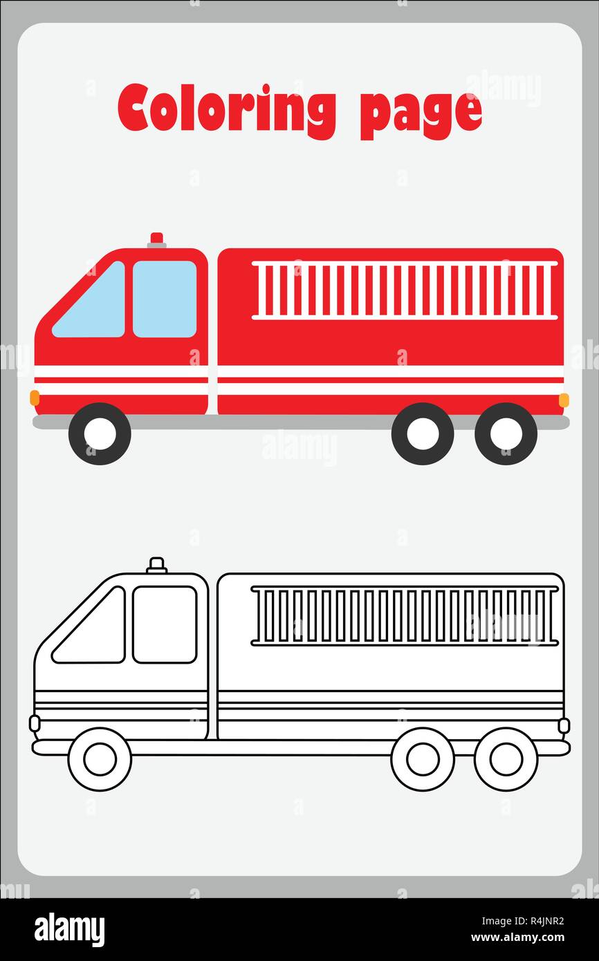 Fire Truck im Comic-stil, Färbung, Bildung Papier Spiel für die Entwicklung der Kinder, Kinder im Vorschulalter Aktivität, bedruckbar Arbeitsblatt, Vektor Stock Vektor