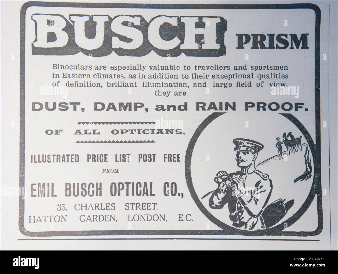 Eine alte Anzeige für Busch prismen-Fernglas. Aus einem alten britischen Zeitschrift aus dem Zeitraum 1914-1918. Stockfoto