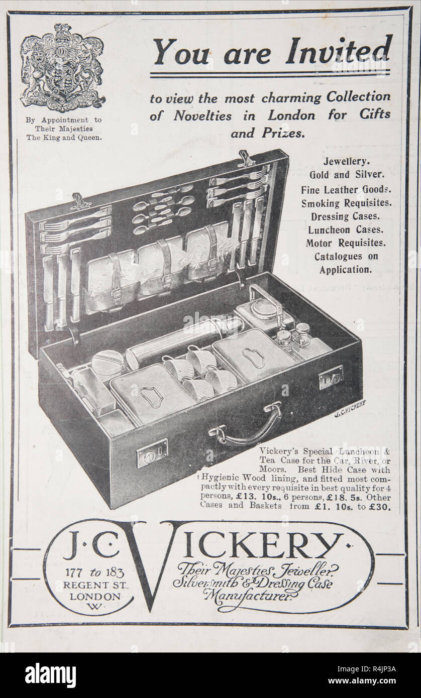 Eine alte Anzeige für J.C. Vickery. Aus einem alten britischen Zeitschrift aus dem Zeitraum 1914-1918. Stockfoto