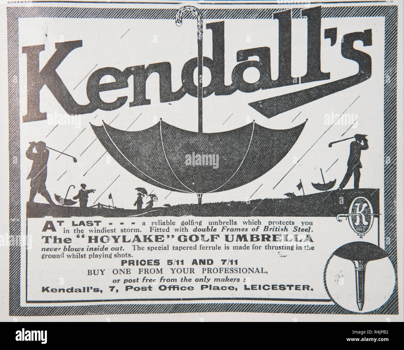 Eine alte Anzeige für Kendall's Golf Regenschirm. Aus einem alten britischen Zeitschrift aus dem Zeitraum 1914-1918. Stockfoto