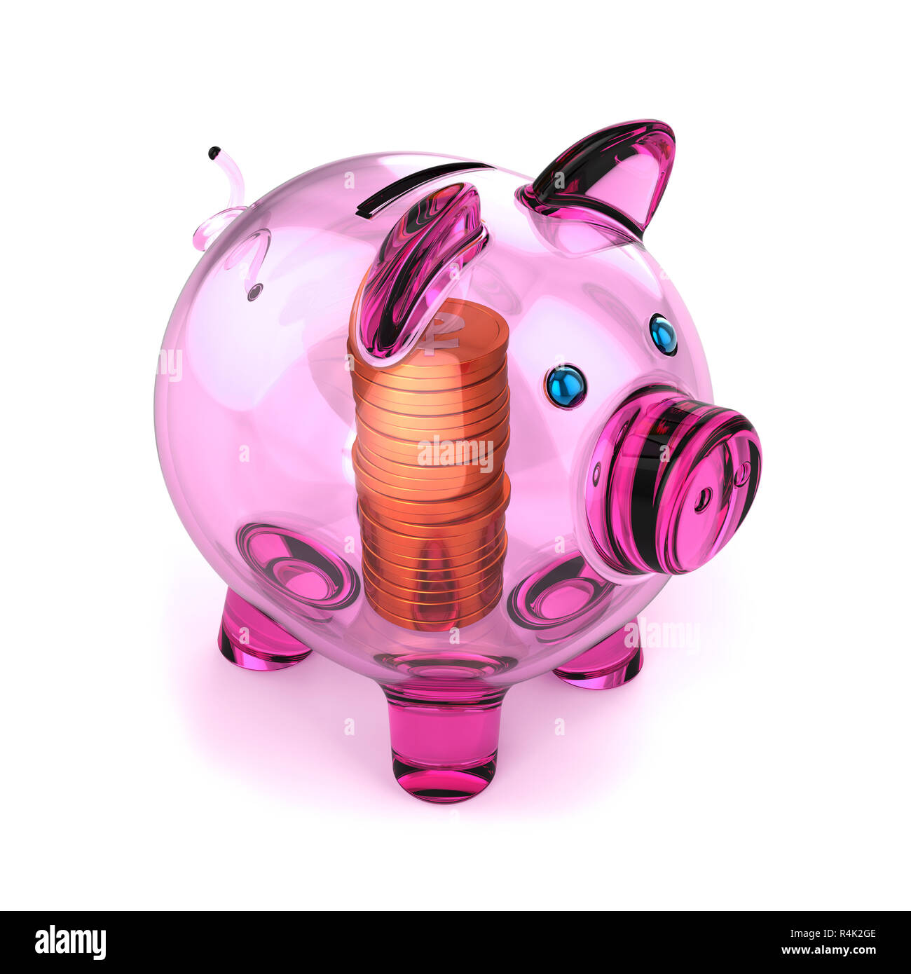 Sparschwein lila Transluzent aus Glas und goldenen Münzen innen. Piggy Bank Pension, verdienen, Geld spenden, Banking, Finanzen Gewinn Konzept Stockfoto