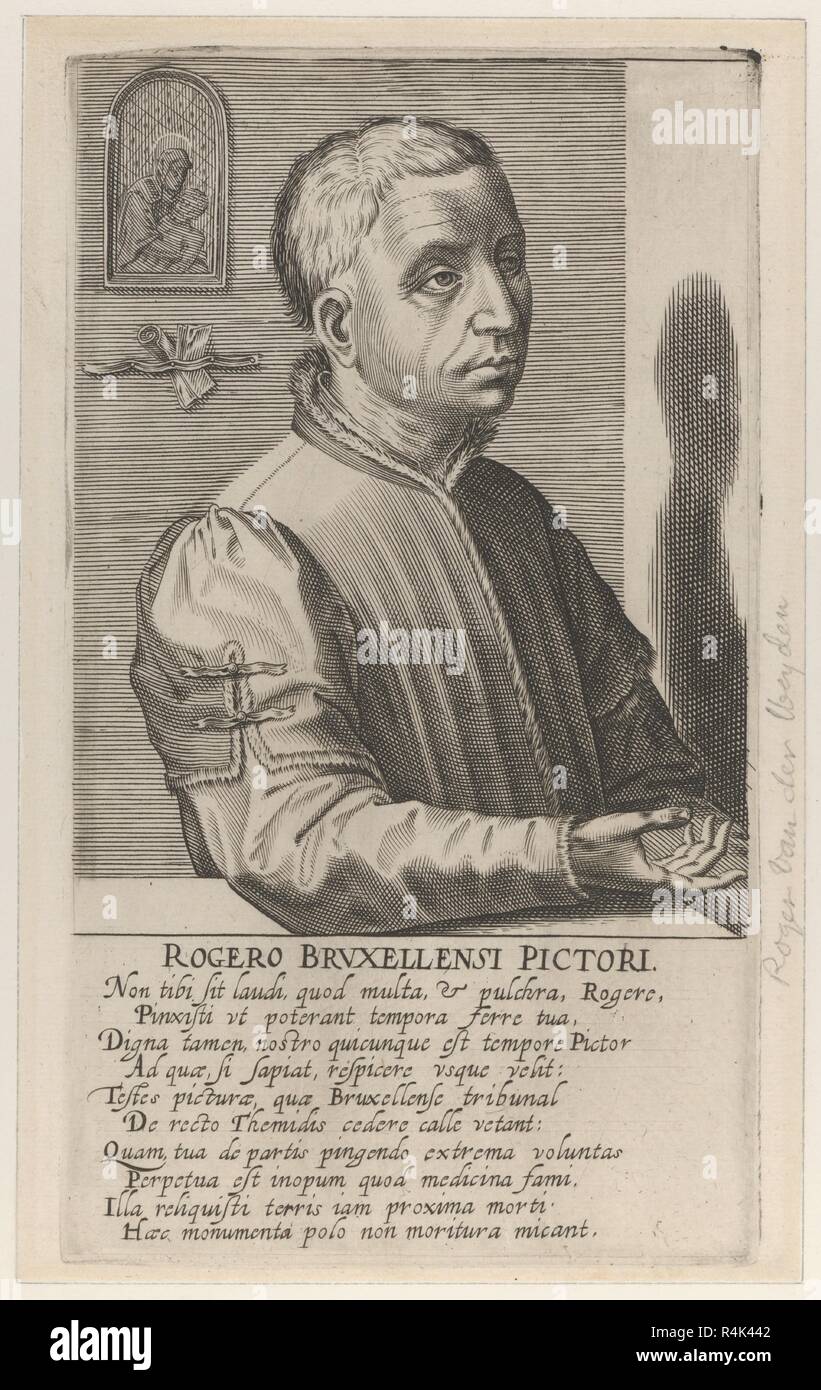 Roger van der Weyden die Jüngeren, aus der serie Pictorum Aliquot Celebrium.. Artist: Nach Cornelis Cort (Niederländischen, Hoorn Ca. 1533-1578 Rom). Künstler und Verleger: Hendrick Hondius (Niederländischen, Duffel 1573-1650 Amsterdam). Abmessungen: ca. 8 1/4 x 4 3/4 in. (21 x 12 cm). Sitter: Portrait von Rogier van der Weyden (Niederländischen, Tournai Ca. 1399-1464 Brüssel). Datum: Ca. 1610. Museum: Metropolitan Museum of Art, New York, USA. Thema: Nach Cornelis Cort. Hondius, Henrik. Stockfoto