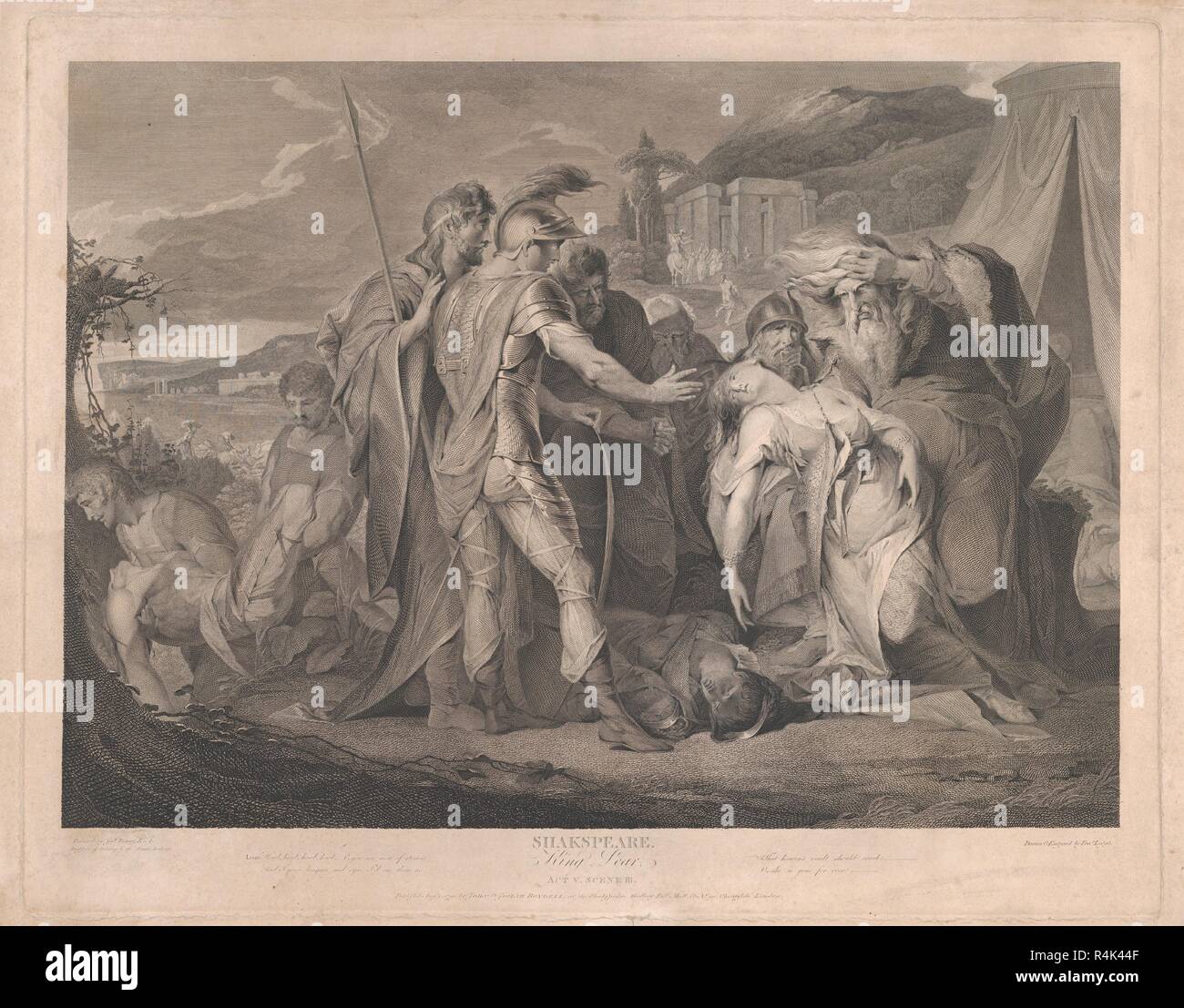 König Lear weinend über den Körper von Cordelia (Shakespeare, King Lear, Akt 5, Szene 3). Artist: Nachdem James Barry (Irland, Cork 1741-1806 London). Abmessungen: Platte: 19 7/16 x 24 11/16 in. (49,4 × 62,7 cm) Blatt: 20 3/8 in. × 26. (51,7 × 66 cm). Engraver: Francis Legat (British, Edinburgh 1755-1809 London). Herausgeber: John & Josiah Boydell (British, 1786-1804). Serie/Portfolio: Boydell Shakespeare's Galerie. Betrifft: William Shakespeare (Britisch, Stratford-upon-Avon 1564-1616 Stratford-upon-Avon). Datum: August 1, 1792. Legat's Print reproduziert Barry's tragische Darstellung des Königs Lear Mour Stockfoto