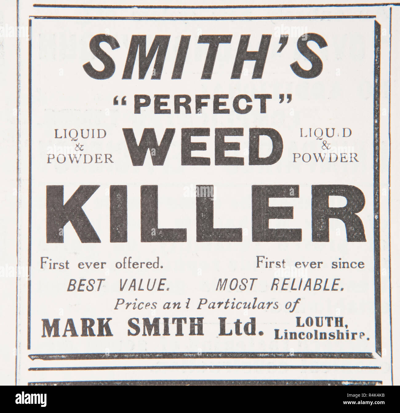 Eine alte Anzeige für Smith's perfekte Unkrautvernichtungsmittel. Aus einem alten britischen Zeitschrift aus dem Zeitraum 1914-1918. Stockfoto