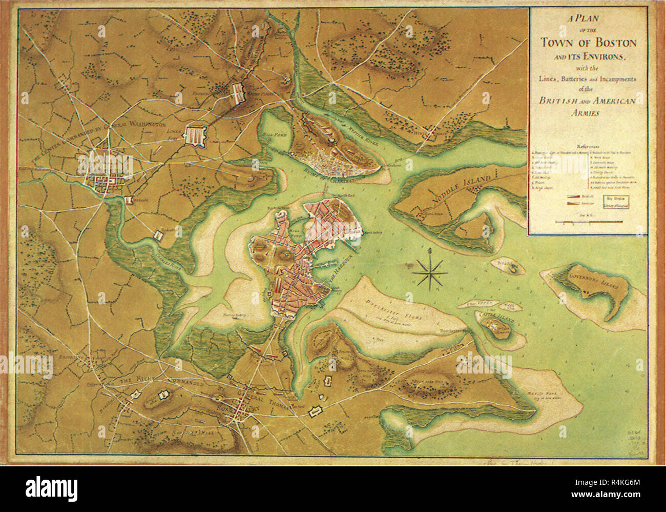 Karte von Boston und Umgebung. 1776, Seite, Sir Thomas. Stockfoto