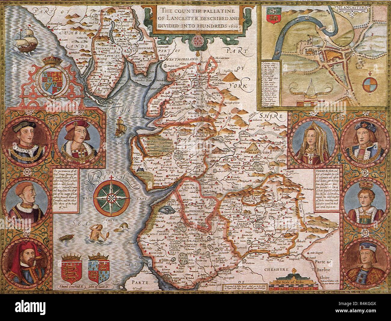 Alte Karte, Lancashire, 1611, Jodocus Hondius,. Stockfoto