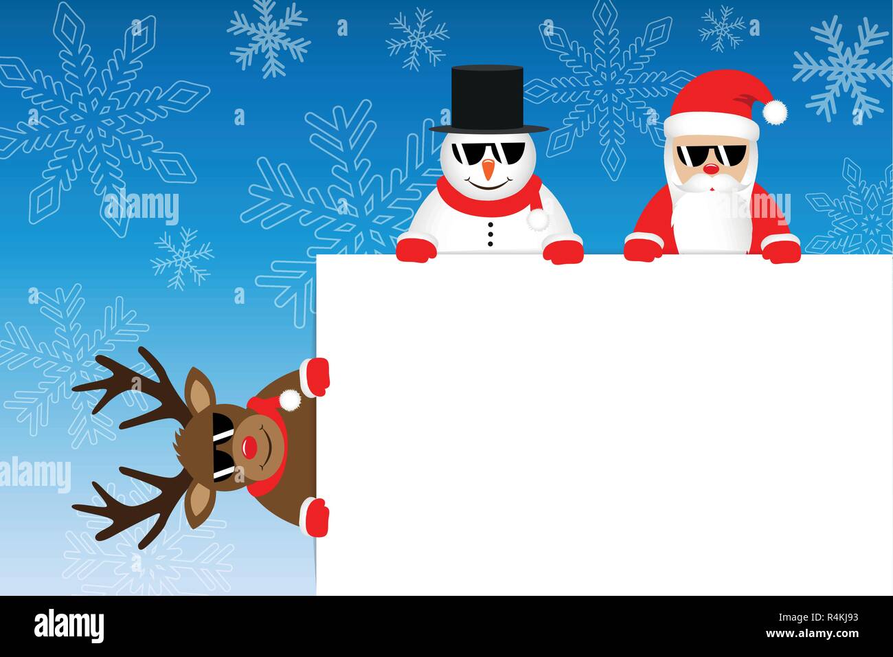 Weihnachten cartoons Rentier Weihnachtsmann und Schneemann mit weißen Bekanntmachung und im Winter verschneite Hintergrund Vektor-illustration EPS 10. Stock Vektor