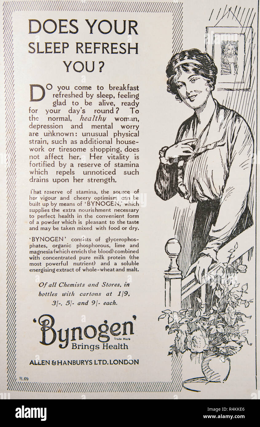 Eine alte Anzeige für Allen & Hanburys Bynogen Stärkungsmittel. Aus einem alten britischen Zeitschrift aus dem Zeitraum 1914-1919. Stockfoto