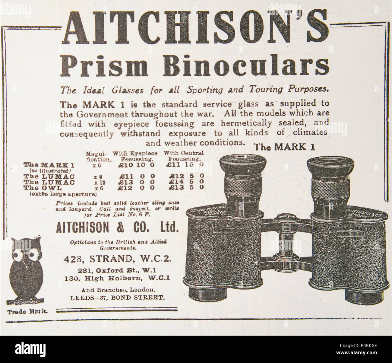 Eine alte Anzeige für aitchison's Fernglas. Aus einem alten britischen Zeitschrift aus dem Zeitraum 1914-1919. Stockfoto