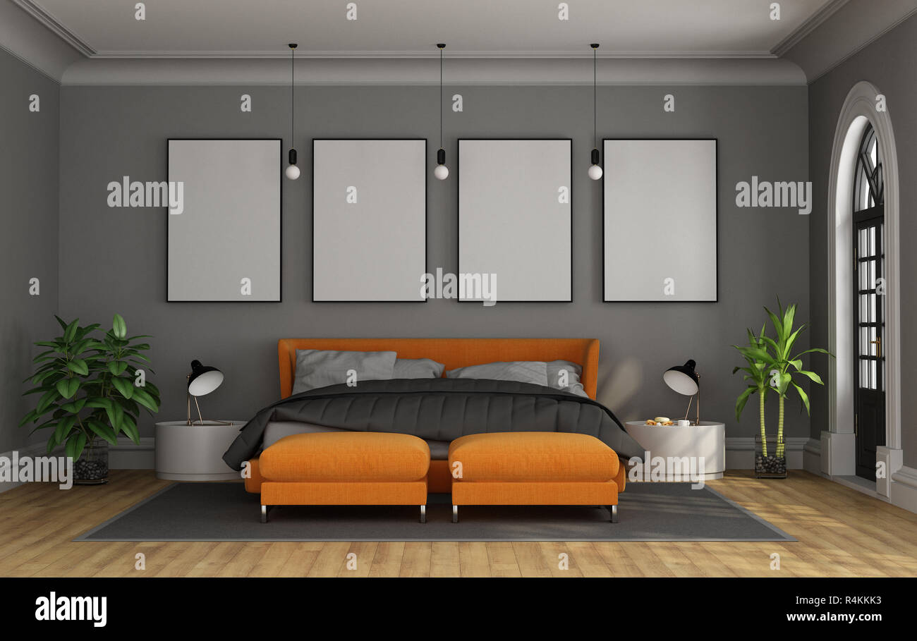 Schlafzimmer im klassischen Stil mit orange modernes Schlafzimmer - 3D-Rendering Stockfoto