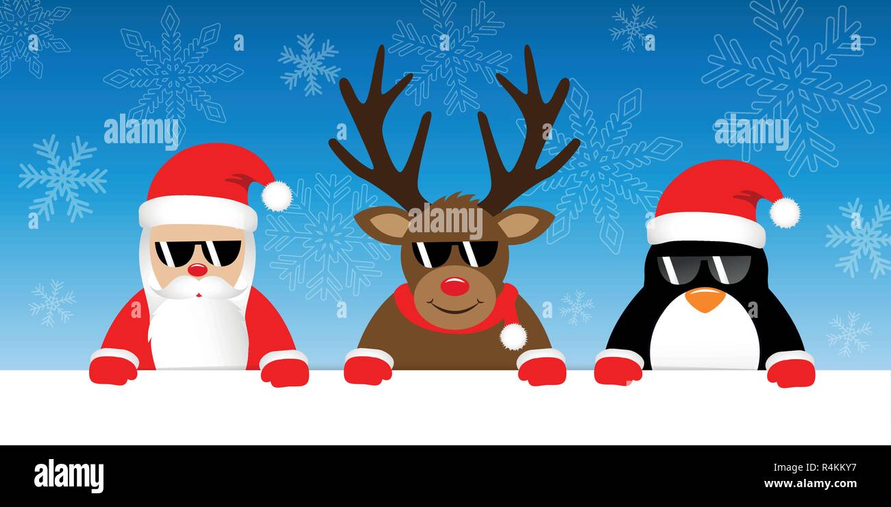 Süße rentier Santa Claus und Pinguin cartoon mit Sonnenbrille auf verschneiten Winter Hintergrund für Weihnachten Vektor-illustration EPS 10. Stock Vektor