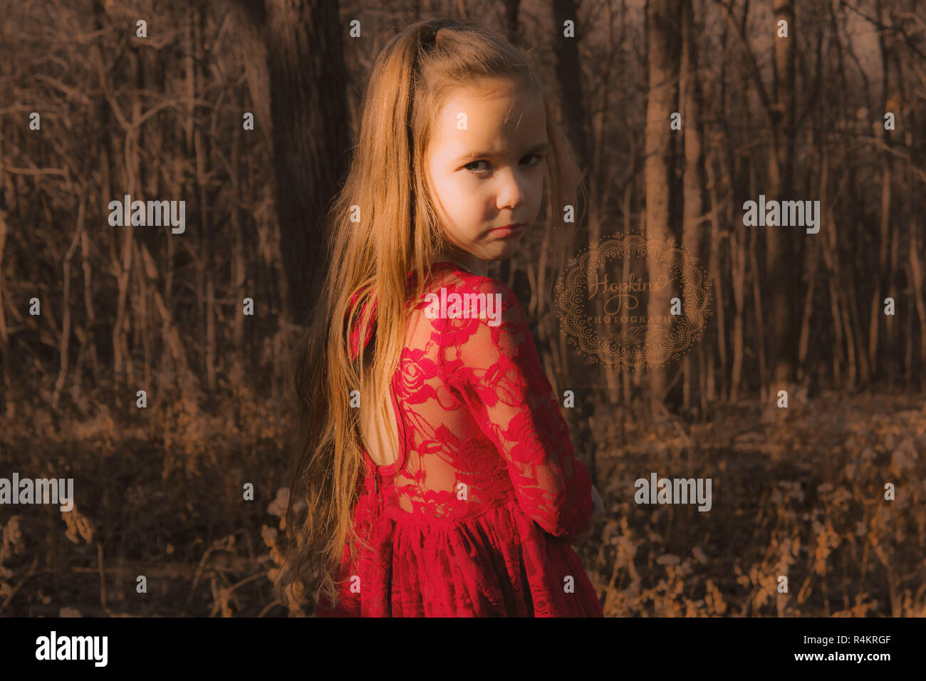 Eine brünette Modell in Wald im roten Kleid einfache Schönheit und Grazie mit der Eleganz einer Prinzessin in den Wäldern mit oder ohne Wasserzeichen verfügbar Stockfoto