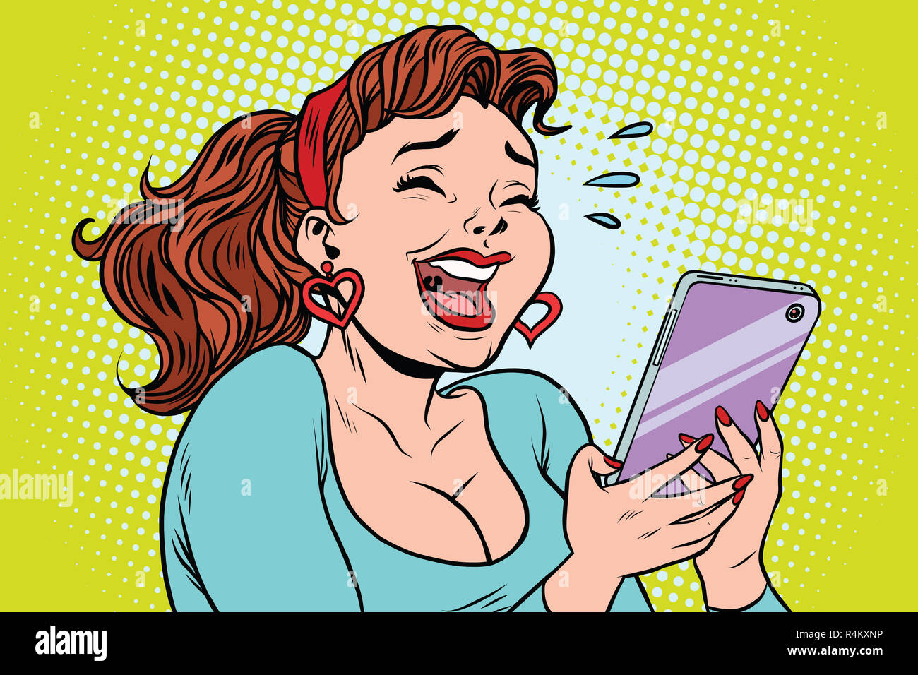 Comic Mädchen lachen Tränen lesen ein Smartphone Stockfoto