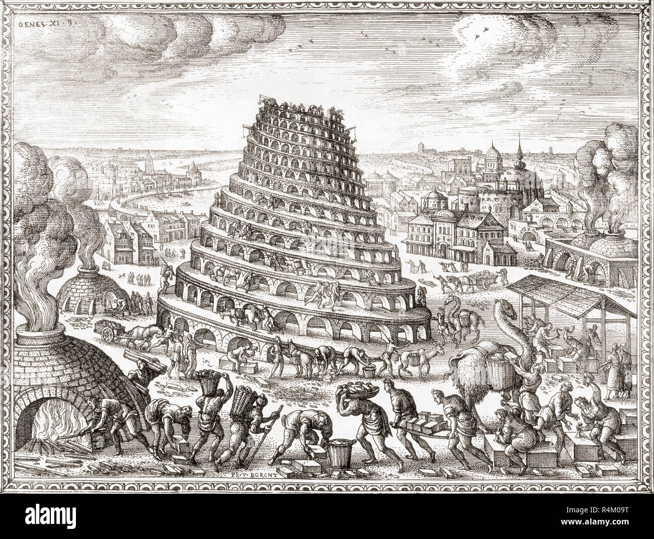 Der Bau des Turms von Babel. Nach einem 17. Jahrhundert drucken. Stockfoto