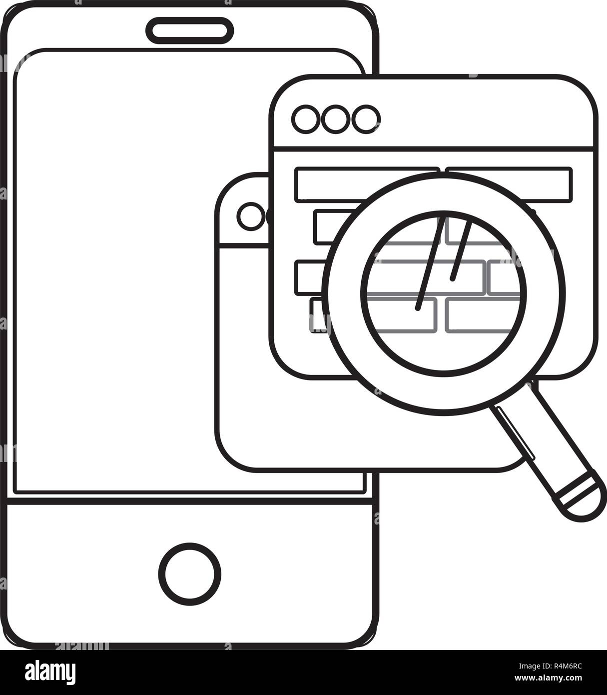 Technik computer Fenster mit Smartphone von Lupe cartoon Vector Illustration grafik design analysiert Stock Vektor