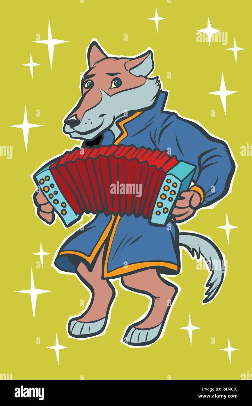 Wolf spielt Akkordeon Mundharmonika. märchenhaften Charakter. Comic cartoon Pop Art retro Vektor illustration Zeichnung Stock Vektor