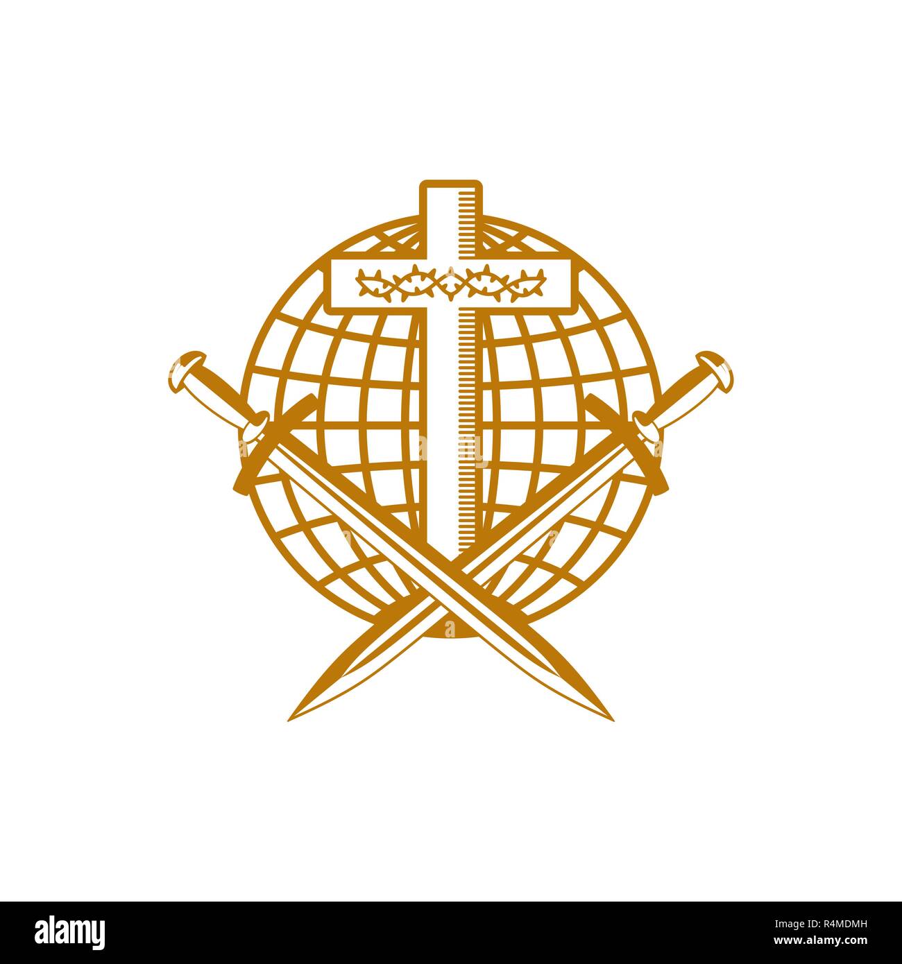Kirche Logo. Christliche Symbole. Kreuz von Jesus Christus, Globus,  Dornenkrone und Schwerter Stock-Vektorgrafik - Alamy