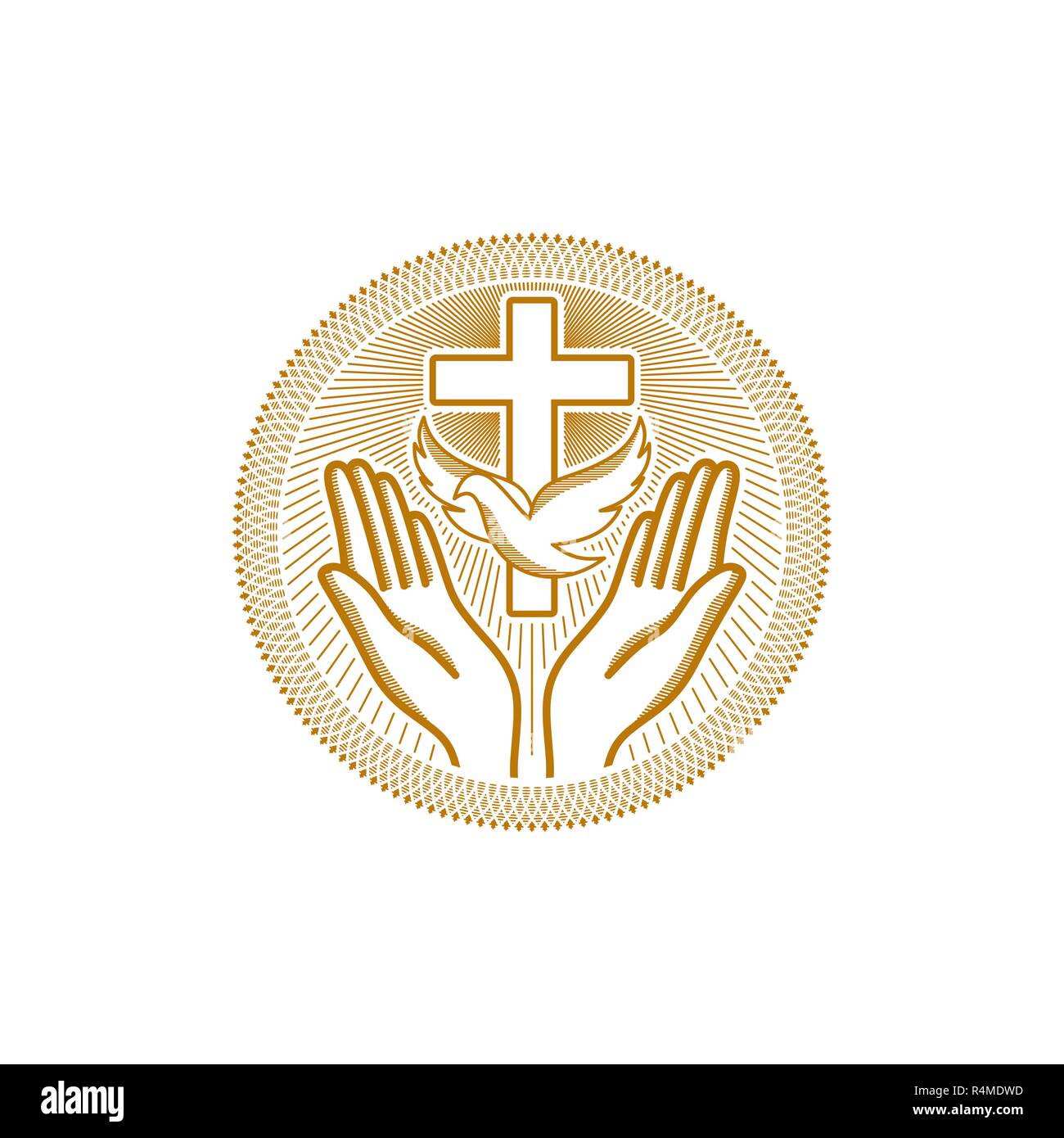 Kirche Logo Christliche Symbole Das Symbol Des Heiligen Geistes Die Taube Das Kreuz Jesu Christi Und Der Betende Hande Unten Stock Vektorgrafik Alamy