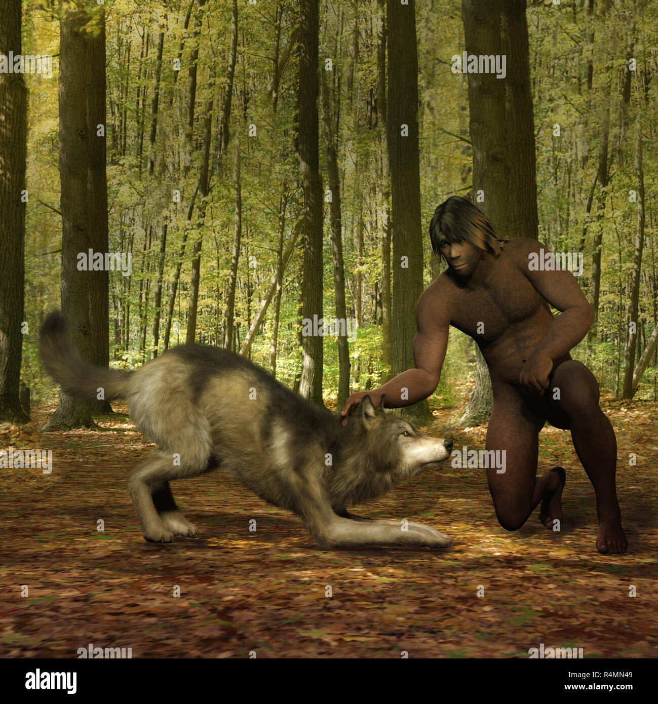 3D-Darstellung eines Urmenschen mit Wolf Stockfoto