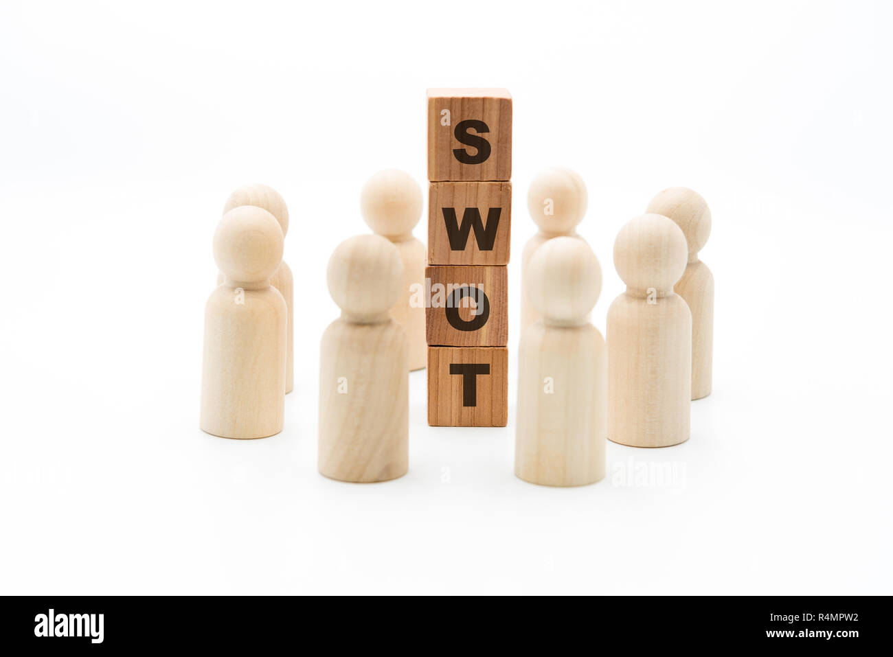 Holzfiguren als Business Team im Kreis um Wort SWOT, auf weißem Hintergrund, minimalistisches Konzept Stockfoto