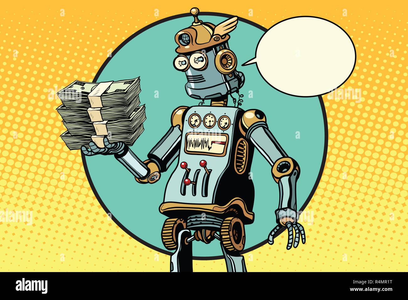 Retro Roboter mit einem Bündel Geld Stockfoto