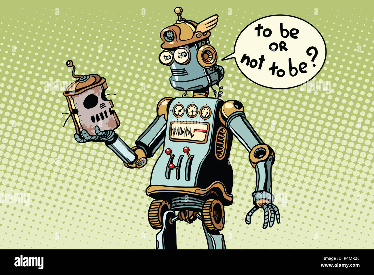 Neue Roboter sieht auf den Schädel seines Vorgängers, technische Progr Stockfoto