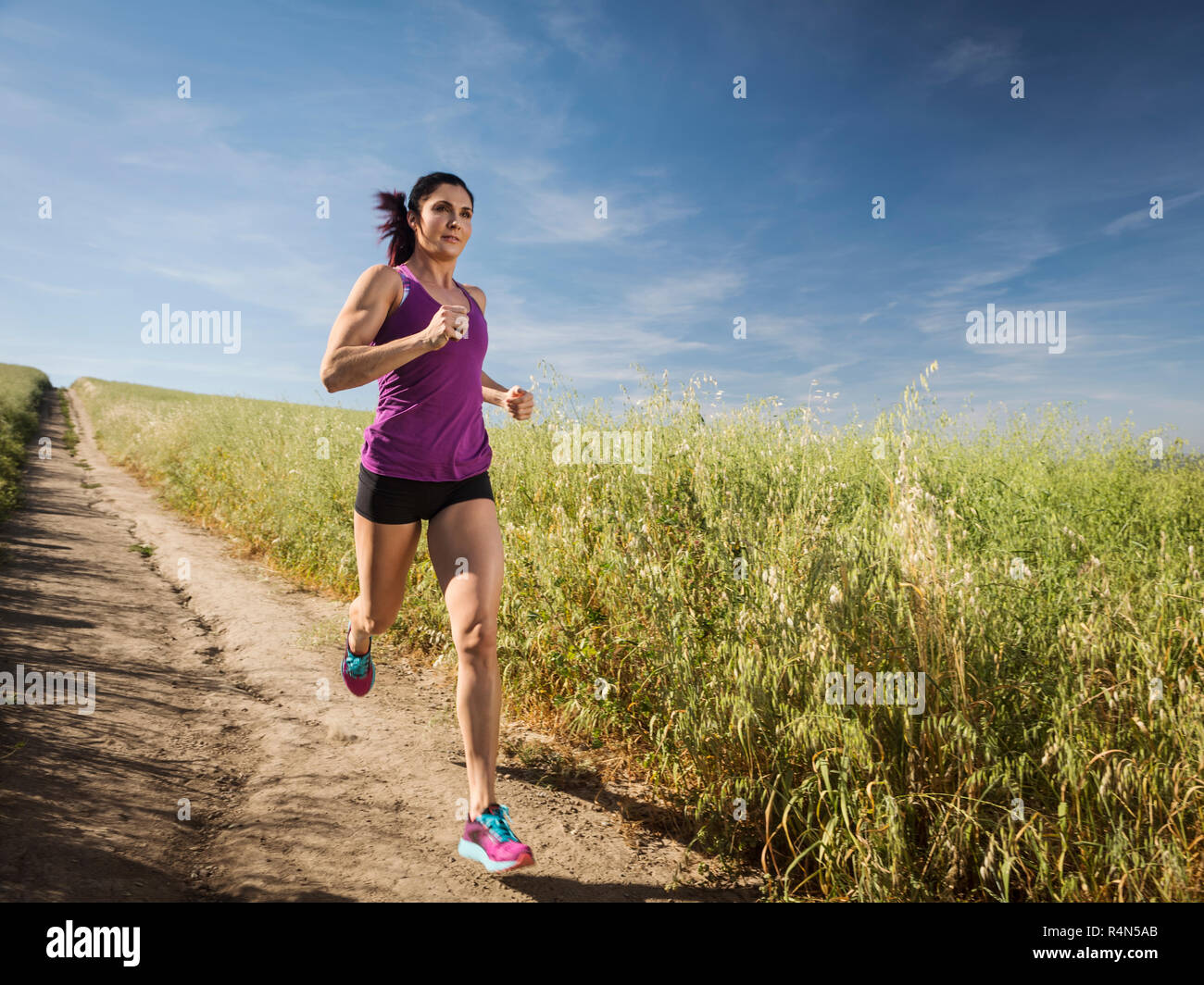 Mitte der erwachsenen Frau joggen auf dem Weg durch das Feld Stockfoto