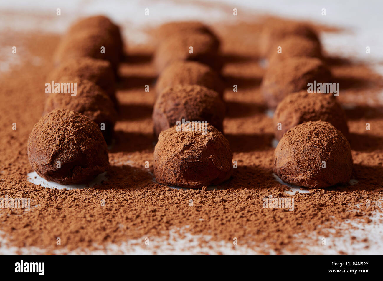 Schokoladentrüffel mit Kakaopulver Stockfoto