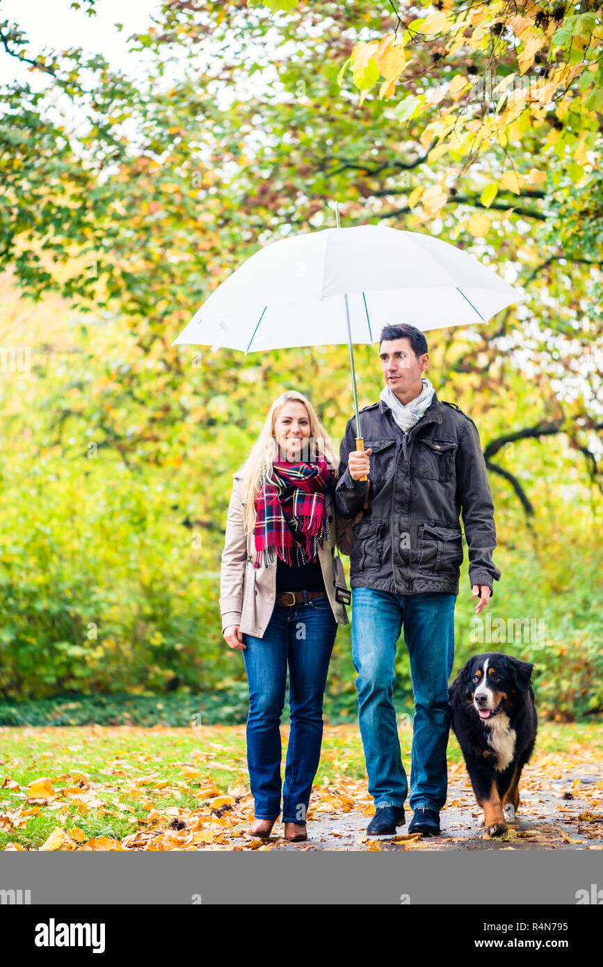 Frau und Mann in Spaziergang mit Hund im Herbst regen Stockfoto