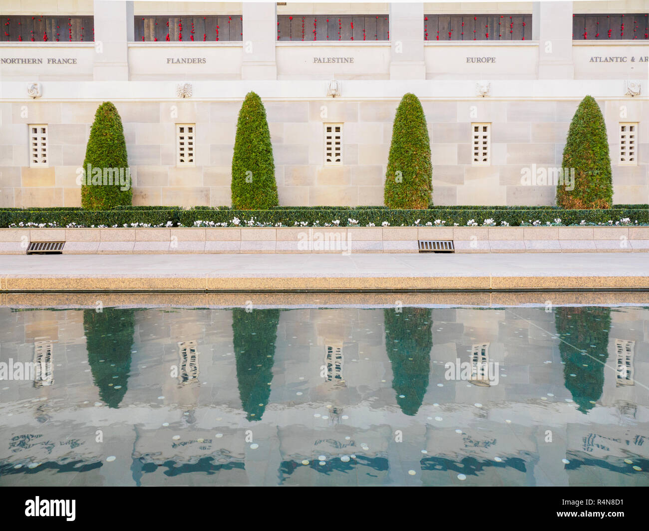 Formgehölze durch einen reflektierenden Pool an Australian War Memorial in Canberra, Australien Stockfoto