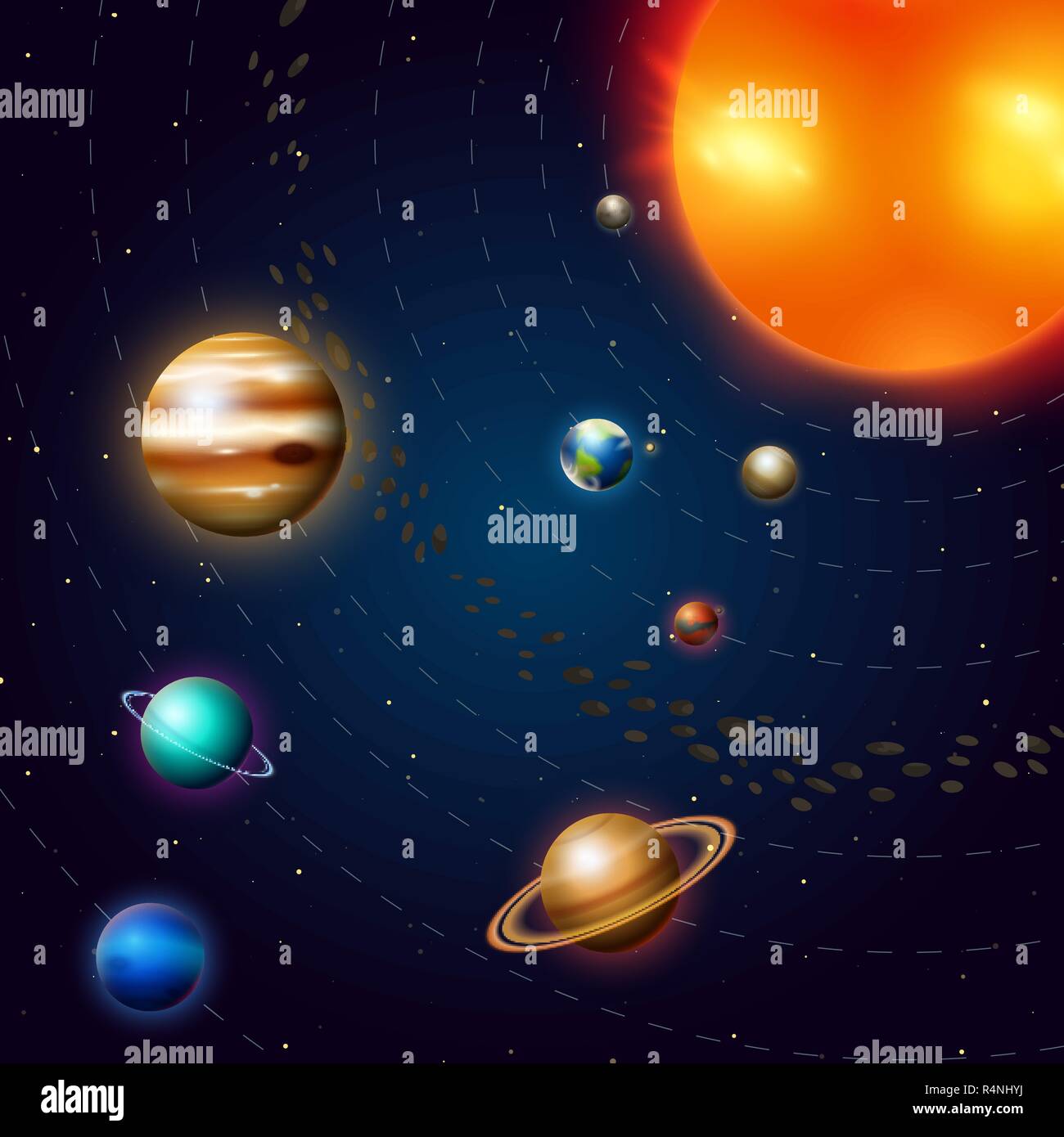 Planeten des Sonnensystems. Milchstraße. Raumfahrt und Astronomie, das  unendliche Universum und die Galaxie unter die Sterne am Himmel. Bildung  und Wissenschaft in der Welt. Sphäre Mars Venus Erde Sonne Jupiter  Stock-Vektorgrafik -