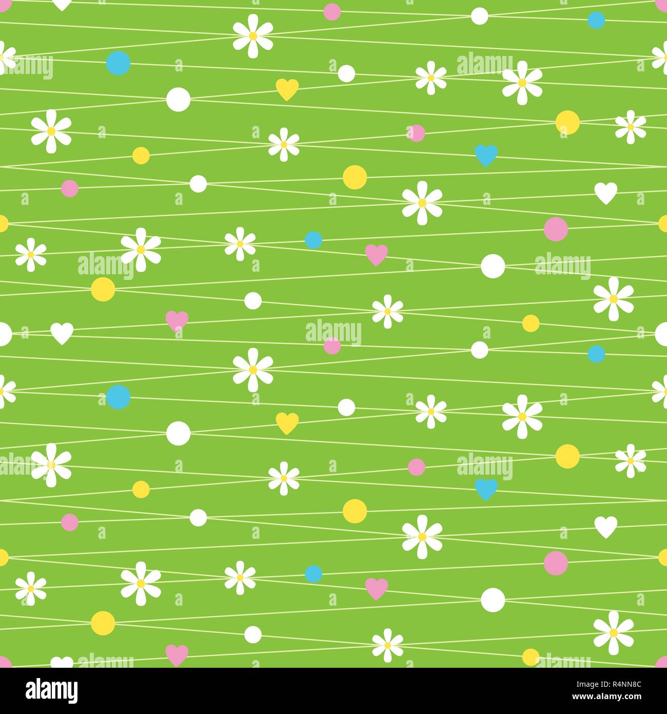 Herzen, Blumen und Muster auf grünem Hintergrund Stock Vektor